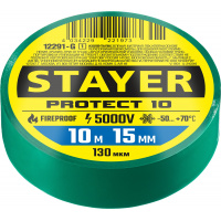 Фото товара - STAYER PROTECT-10, 15 мм х 10 м, 5 000 В, зеленая, изолента ПВХ, Professional (12291-G)