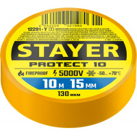 Фото товара - STAYER PROTECT-10, 15 мм х 10 м, 5 000 В, желтая, изолента ПВХ, Professional (12291-Y)