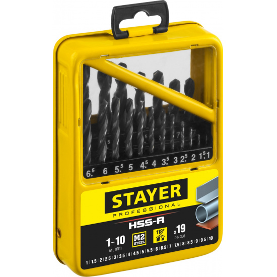 Большое фото товара - STAYER HSS-R, 19 шт, (1-10 мм), быстрорежущая сталь P6M5, класс В, мет.бокс, набор сверл по металлу, Professional (29602-H19-M), 17288. Вариант №2