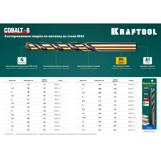 Большое фото товара - KRAFTOOL COBALT-8, 10.0 х 133 мм, сталь М42, HSS-Co(8%), сверло по металлу (29656-10), 17834. Вариант №3