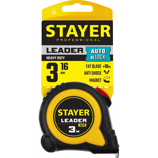 Большое фото товара - STAYER Leader, 3 м х 16 мм, рулетка с автостопом, Professional (3402-3), 18776. Вариант №2