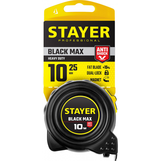 Большое фото товара - STAYER BlackMax, 10 м х 25 мм, рулетка с двумя фиксаторами, Professional (3410-010), 18822. Вариант №2