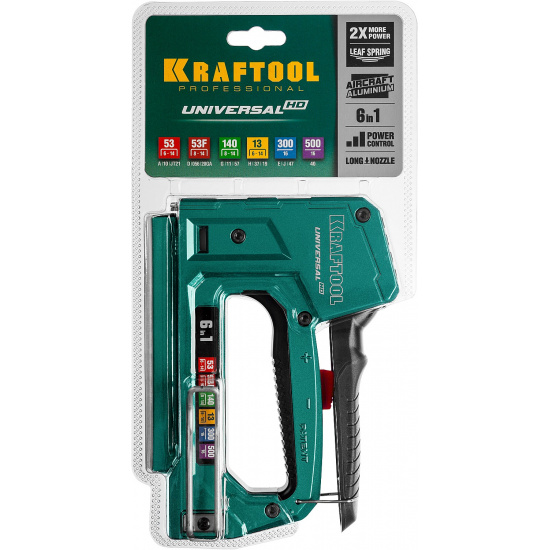 Большое фото товара - KRAFTOOL Universal-HD, 6-в-1: 53 (A/10/JT21) 23GA (6 - 14 мм)/140 (G/11/57) 20GA (8 - 14 мм)/13/53F/300/500, универсальный алюминиевый степлер (3188), 19574. Вариант №2