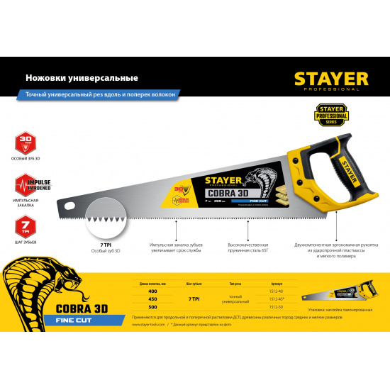 Большое фото товара - STAYER Cobra 3D, 450 мм, универсальная ножовка, Professional (1512-45), 23179. Вариант №4