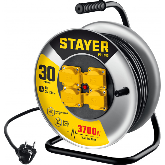 Большое фото товара - STAYER PRO-315, КГ, 3 x 1.5 мм2, 30 м, 3700 Вт, IP44, силовой удлинитель на стальной катушке (55077-30), 23216601. Вариант №1