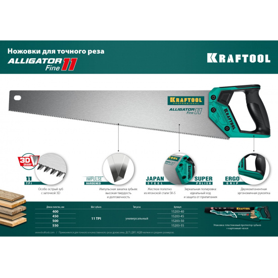Большое фото товара - KRAFTOOL Alligator Fine 11, 450 мм, ножовка для точного реза (15203-45), 23292. Вариант №4