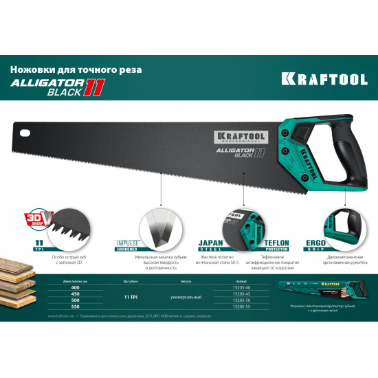 Большое фото товара - KRAFTOOL Alligator Black 11, 500 мм, ножовка для точного реза (15205-50), 23297. Вариант №4