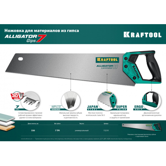 Большое фото товара - KRAFTOOL Alligator Gips 7, 550 мм, ножовка для гипса (15210), 23300. Вариант №4