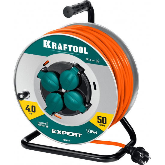 Большое фото товара - KRAFTOOL EXPERT 4.0, ПВС 3х2.5 50м 4000Вт IP44, силовой удлинитель на стальной катушке (55089-50), 28294204. Вариант №1